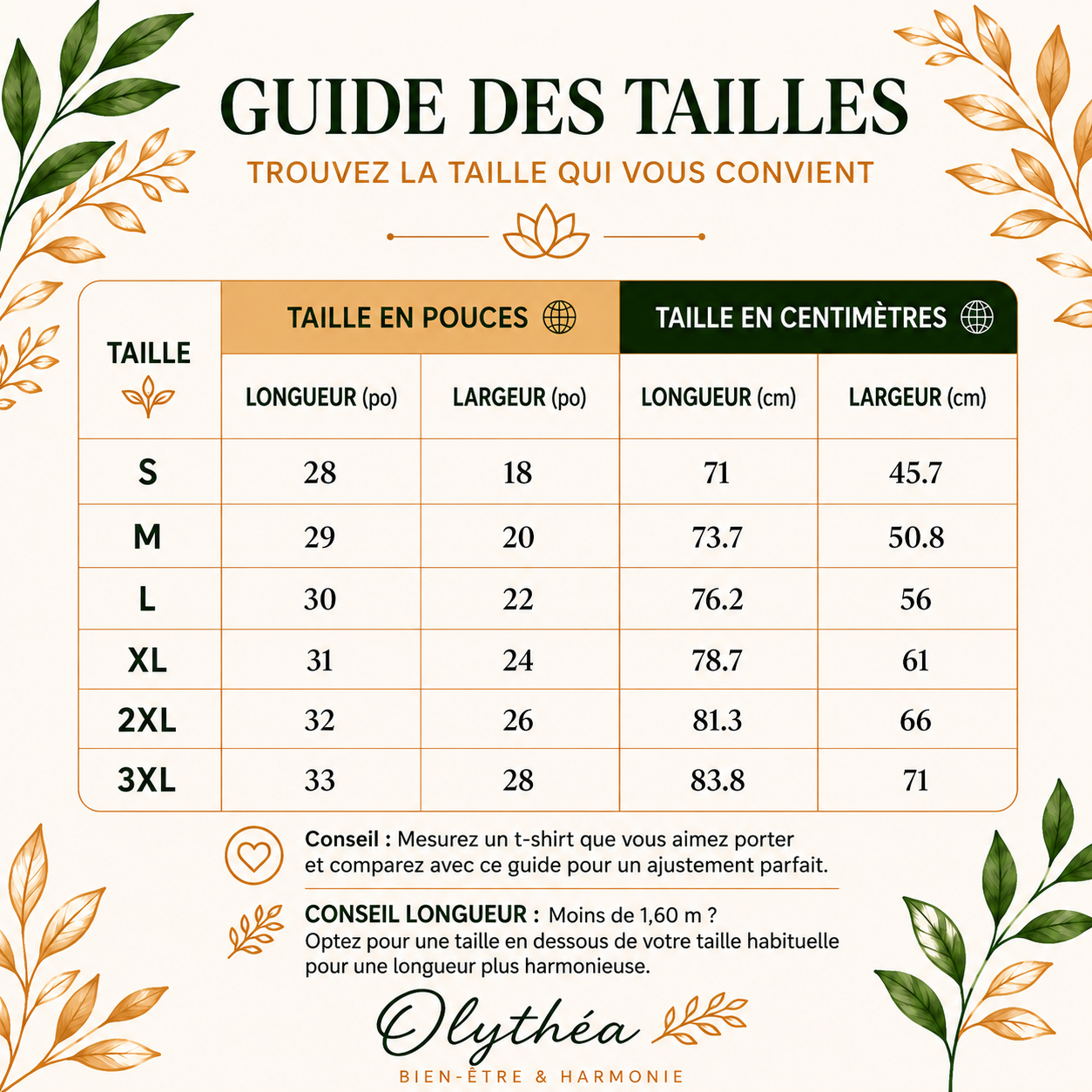 Guide des tailles OLYTHÉA